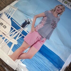 2 pc short Pajama set short sleeve size M/L pink and gray